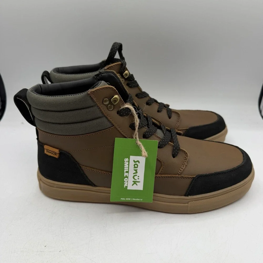Sanuk Post Up Sneaker Boots Mens Sz 9 Brown/Black Lace Up Ankle 1234576 NWT